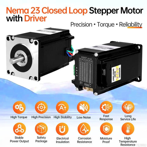 Nema 23 Closed Loop Stepper Motor With Integrated Driver YEJMKJ, front and side view highlighting precision and torque features.