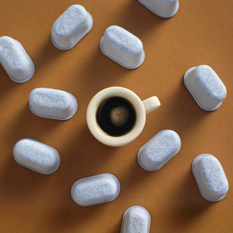 12 blue charcoal water filters for Breville espresso machines arranged around a white coffee cup, top-down view