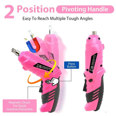 Pink Cordless Mini Screwdriver Kit With 3.7V Rechargeable Power, shown with two-position pivoting handle feature.