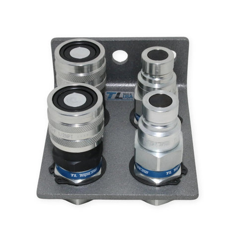 TL Topline 1/2 in hydraulic quick-connect coupler set, flat-face ISO 16028, 4-port, heavy-duty steel, mounted on bracket