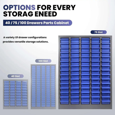 Image of 75 Drawer Parts Cabinet for Garage and Workshop with options for 40, 75, and 100 slot configurations.