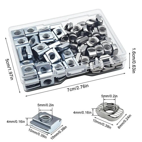 Beefy M5 T Nut Set For 6mm T-Slot Aluminum Extrusion, 100 Pcs Dual Type Slide-In And Hammer Head Drop-In T Nuts, carbon steel, packaging