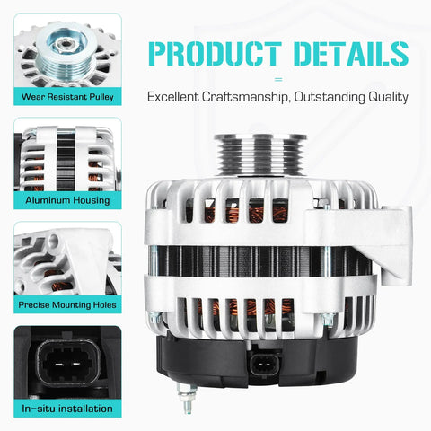 Beefed Up Alternator Replacement For Silverado 1500 05 06 And Avalanche 1500 05 06 Plus Sierra 1500 05 07 Sierra 1500 Classic 2007 And Escalade 2006 V8 V6 Ready Plug And Play, front view with aluminum housing and pulley