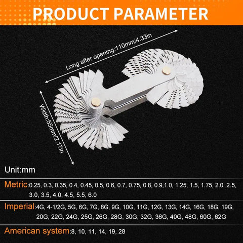 55 Degree And 60 Degree Screw Pitch Gauge With Locking Mechanism For Metric Imperial And US Threads Pro Grade Industrial Measurement Tool For Quick Size Checks Includes Multiple Pitch Sizes, showing open gauge.
