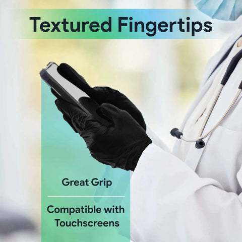 Healthcare worker wearing Black Large Nitrile Gloves 3 Mil Latex Free Powder Free Medical Lab Industrial using touchscreen device