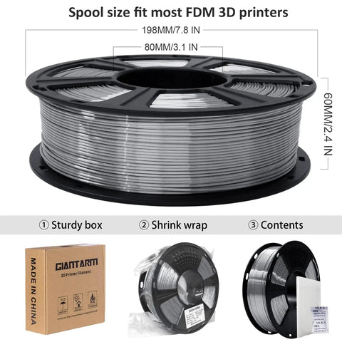 Silk Metallic Silver PLA Filament 1kg Spool 1.75mm Vacuum Pack For 3D Printing, side view showing spool dimensions