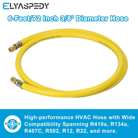 Refrigerant vacuum hose, yellow, 6 ft long, 3/8 in diameter, 1/4 in flare ends for R410A and common refrigerants