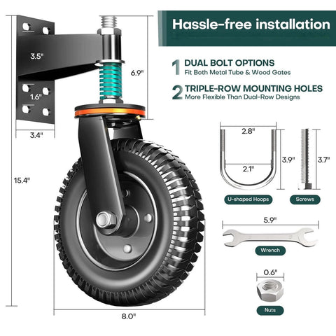 8 inch heavy duty fence gate wheel anti sag support with spring loaded gate caster, dual mount options, detailed installation.