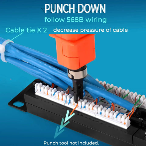 Punch down block on 12 Port Cat6 Patch Panel With 10G Support For Home Networking, highlighting cable installation steps.