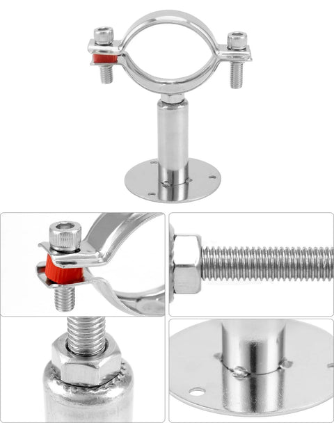 Adjustable Stainless Steel Pipe Wall And Ceiling Mount Bracket For 2 Inch OD Rods And Tubes, Built Tough 304 Stainless, Height Adjustable 50 To 90mm, Fits 48 To 51mm Diameter, Heavy Duty Display Pipe Clamp, front and close-up view