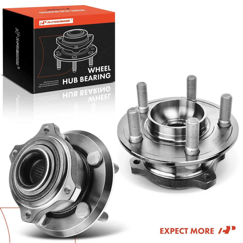 Two Pack Front Wheel Bearing And Hub Assembly For AWD Dodge Charger Challenger Magnum And Chrysler 300 5 Lug Compatible With 2005 2023 Models Reliable Sealed Bearings For Smooth Ride And Quiet Operation Easy To Install, showing two wheel hubs and packaging.