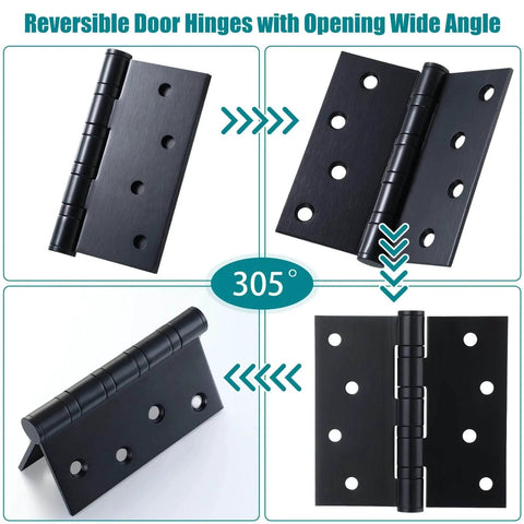 6 Pack 4x4 Inch Ball Bearing Door Hinges Stainless Steel Heavy Duty Exterior Hinges With Square Corners Black, various angles