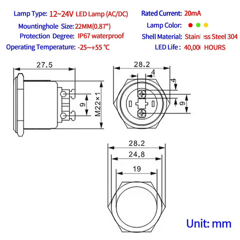 Beefy 12V Indicator Light IP67 Waterproof 22mm Mounting Hole Stainless Steel 304 diagram with dimensions and specifications.