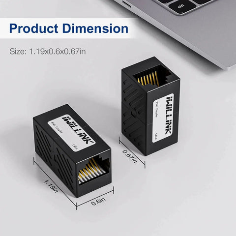 Female to Female RJ45 Ethernet Coupler Extender for Cat7 Cat6 Cat5e Cat5 Cables, black, with dimensions shown next to laptop.
