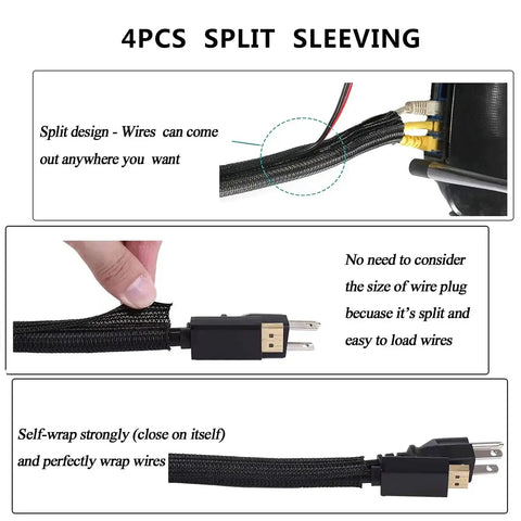 Image of 4 cord sleeves from All In One Cable Management Kit For TV Office And Car With 4 Cord Sleeves 10 Pcs Wire Ties 36 Self Adhesive Cord Clips 2 Rolls Self Adhesive Cable Ties And 100 Nylon Ties