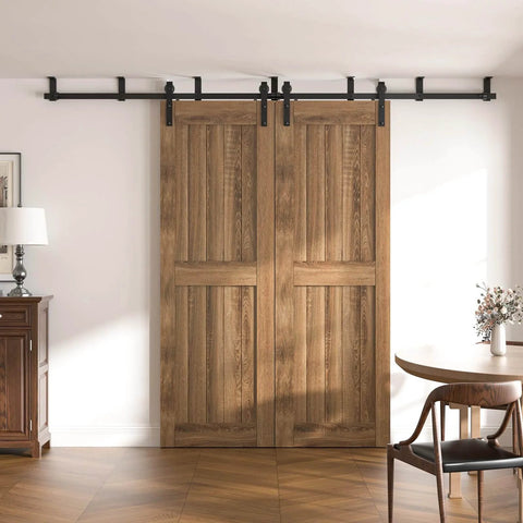 Black 7 Ft Ceiling Mount Sliding Barn Door Hardware Kit With L Shape Brackets For Low Ceiling Spaces installed on wood doors.