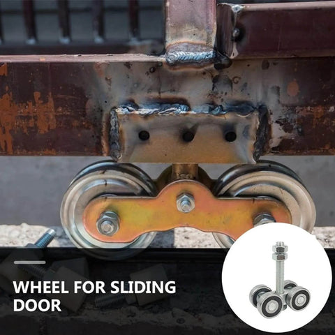 Beefy Heavy Duty Sliding Door Roller Replacement Kit With Steel Track Wheel Hanger And Barn Door Rail Trolley installed on door