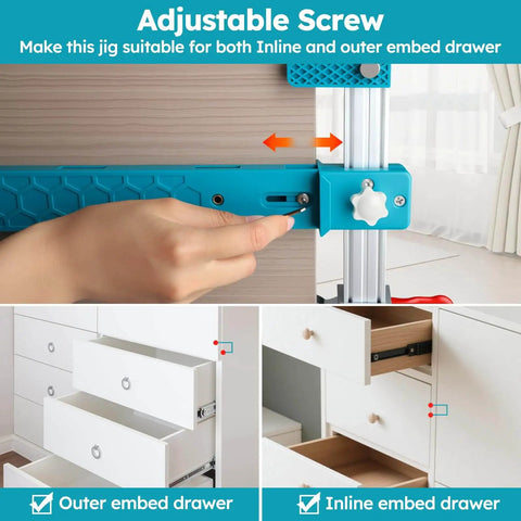 Drawer Slide Jig With Toggle Clamp And Magnetic Arm For Fast, Accurate Cabinet And Desk Installations, Easy Punch Locator And Cabinet Hardware Jig For Precise Alignment, No Damage Positioning And Quick, Pro Grade Setup in use on a drawer with adjustable screw feature.