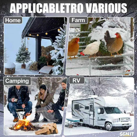 Heated water hose collage showing home porch, farm coop, camping campfire, and snowy RV setting.
