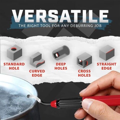Deburring Tool Kit With 16 High Speed Steel M2 Blades for deburring metal and various materials, hand holding red ABS handle.