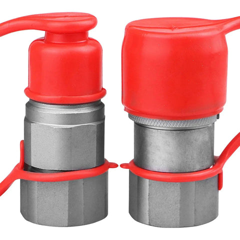 Flat Face Hydraulic Quick Disconnect Couplers Three Quarters Inch NPT With One Half Inch ISO 16028 Body, red dust caps