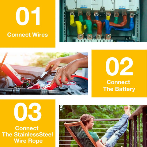 Steps for electrical connections: connect wires, connect the battery, and connect stainless steel wire rope.