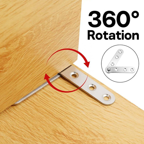360 Degree Pivot Hidden Door Hinges Set installed in wooden cabinet, showing 304 stainless steel concealed hinge in use with rotation arrow.