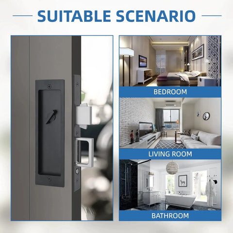Modern Pocket Door Hardware Set With Privacy Lock, Finger Flush Pulls And Soft Close, for bedroom, living room, bathroom use.