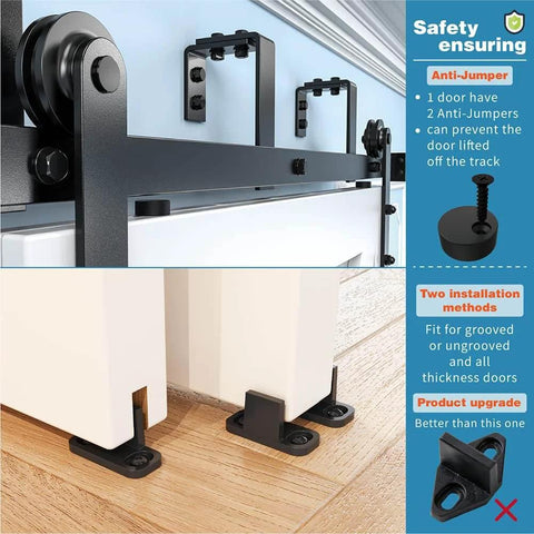 Close-up of 10 Foot Double Track Bypass Sliding Barn Door Hardware Kit for Two Doors with I Shape Hangers, showing installation details.
