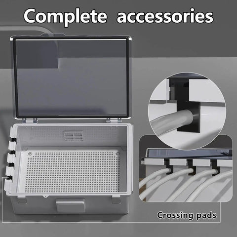 Rugged Outdoor Ready Ventilated ABS Electrical Junction Box with IP65 Waterproof Enclosure, clear cover open, showing cable grommets.