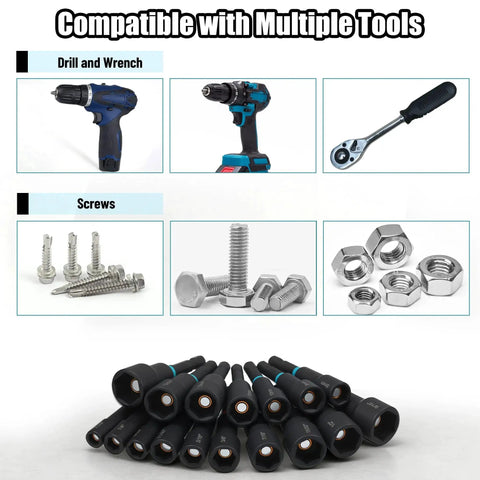 29-Piece Magnetic Nut Driver Set With 1/4 Inch Hex Shank SAE And Metric Cr-V Steel shown with drills, wrench, screws, and nuts