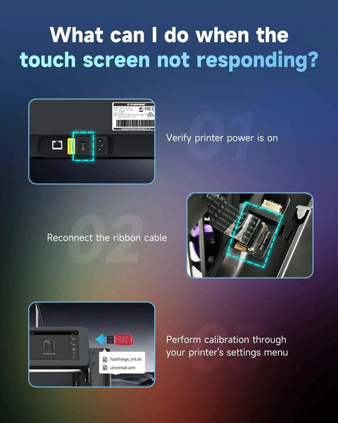 Adventurer 5M 4.3 Inch Full Color LCD Touch Screen Replacement Assembly Kit troubleshooting guide with steps to fix unresponsive screen.