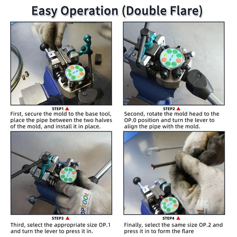 Steps showing 45 Degree Brake Line Flare Tool Kit For 3/16 To 3/8 Inch Tubing in action, demonstrating double flare creation.