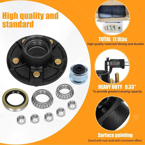 Two Sets 3500Lb Trailer Hub Kit 5 Bolt 4.5 Inch 5x4.5 with bearings and nuts, fits 1 to 1.375 inch tapered spindle for boat trailers.