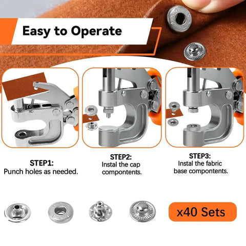 Dope All In One Leather Snap Tool Kit With 40 Silver 15mm Snaps Hole Punch And Snap Press Pliers, step-by-step use illustration