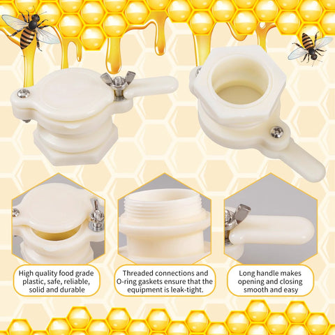 HunterBee honey gate valve set for 5-gallon bucket; white plastic, 3/5 pack, with long handle and threaded connections.