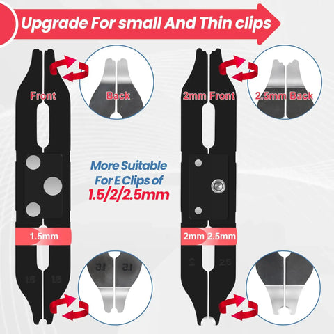 Pro Grade Clip Assortment Kit With Removal And Installation Tool 350 Pcs In Seven Sizes From 1.5mm To 5mm Clip Rings displaying tool and clip sizes