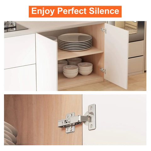Two-Pack Precision Engineered Full Overlay Cabinet Hinges For Frameless Cabinets With Soft Close Concealed 3D Adjustable Hinges Plus Minus 3mm Left Right Heavy Duty Nickel Plated With Four Hole Mounting Plate And Screws Kimdot installed on cabinet