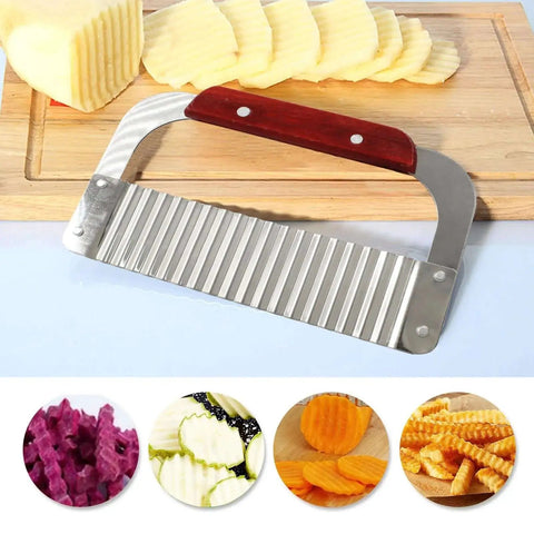 Stainless Steel Crinkle Cutter With Wooden Handle, Heavy Duty Wavy Blade Slicer For Potatoes, Carrots, And Veggies, French Fry Cutter For Home Cooking, Durable Kitchen Tool For Easy Chopping, 1 Pack on a cutting board with sliced vegetables.
