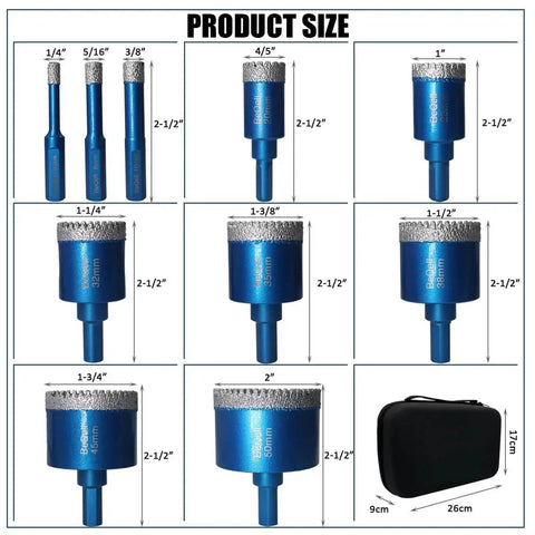 Diamond Tile Hole Saw Kit Pro Grade 10pc Drill Bit Set With Triangle Shank And Storage Case For Ceramic Porcelain Tile Marble