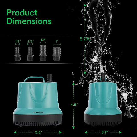 Two VIVOSUN 660GPH 40W submersible pumps in teal blue, front-view with 5ft cord and 4 nozzle adapters.