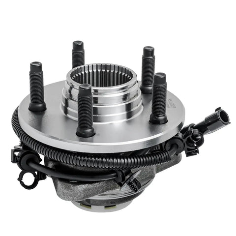 Beefed Up 2 Piece 4WD Front Wheel Bearing Hub Kit For 1998 1999 2000 Ford Ranger And Mazda B4000 With 4 Wheel ABS 5 Lug Replacement Wheel Bearing And Hub Assembly, showing a front view of one hub with 5 bolts and ABS wiring