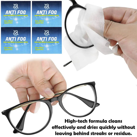 Hand using Anti Fog Lens Wipes For Glasses And Face Shields Pre Moistened Wipes For Screens on eyeglasses with packaging shown