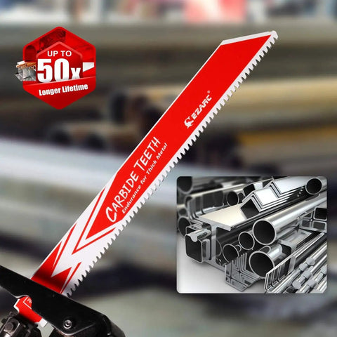 Endurance Carbide Reciprocating Saw Blade for Thick Metal and Cast Iron 6 Inch 8 TPI Durable Alloy Steel Cutter Long Life Unlike Bi Metal EZARC 3 Pack for Heavy Metal Demolition and Construction, shown with carbide teeth and industrial metal tubes.