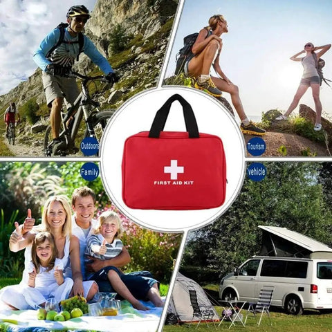 Collage showing the Red Empty First Aid Kit Bag for Travel and Home with scenes of outdoor activities and camping trips.