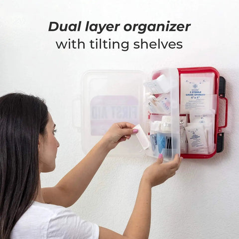 Professional 350 Piece First Aid Kit With Wall Mountable Dual Layer Hard Case being opened on wall by person