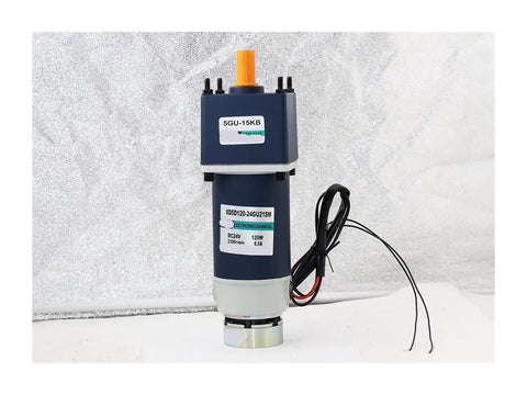 DC gear motor with brake; blue housing, orange output shaft, wired, 120W