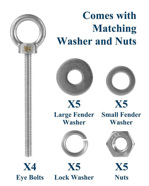 Four Pack Quarter Inch Eye Bolts Three Inch Long Heavy Duty Stainless Steel With Bonus Drill Bit Included, nuts and washers shown
