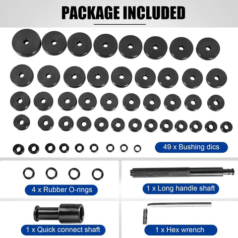 52 In 1 Master Bushing Tool Set with 49 discs, O-rings, long handle shaft, quick connect shaft, and hex wrench