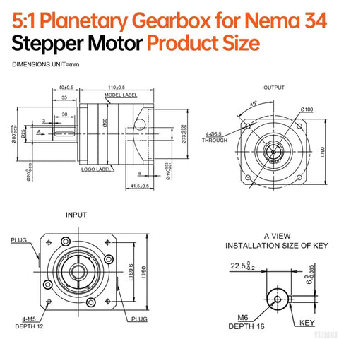 Technical diagram of Planetary Gearbox Five To One Ratio for Nema 34 Stepper Motor with dimensions and installation details.